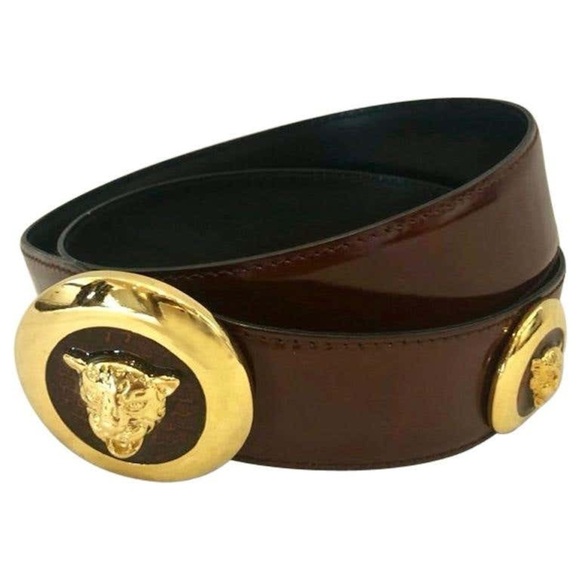 Vintage Escada Tiger Head Belt Brown Patent Leather Gold Medallion sz 38